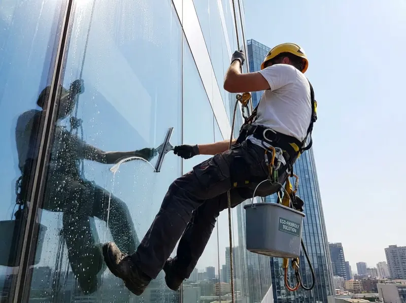 Limpieza profesional de cristales en altura en edificio de Sevilla
